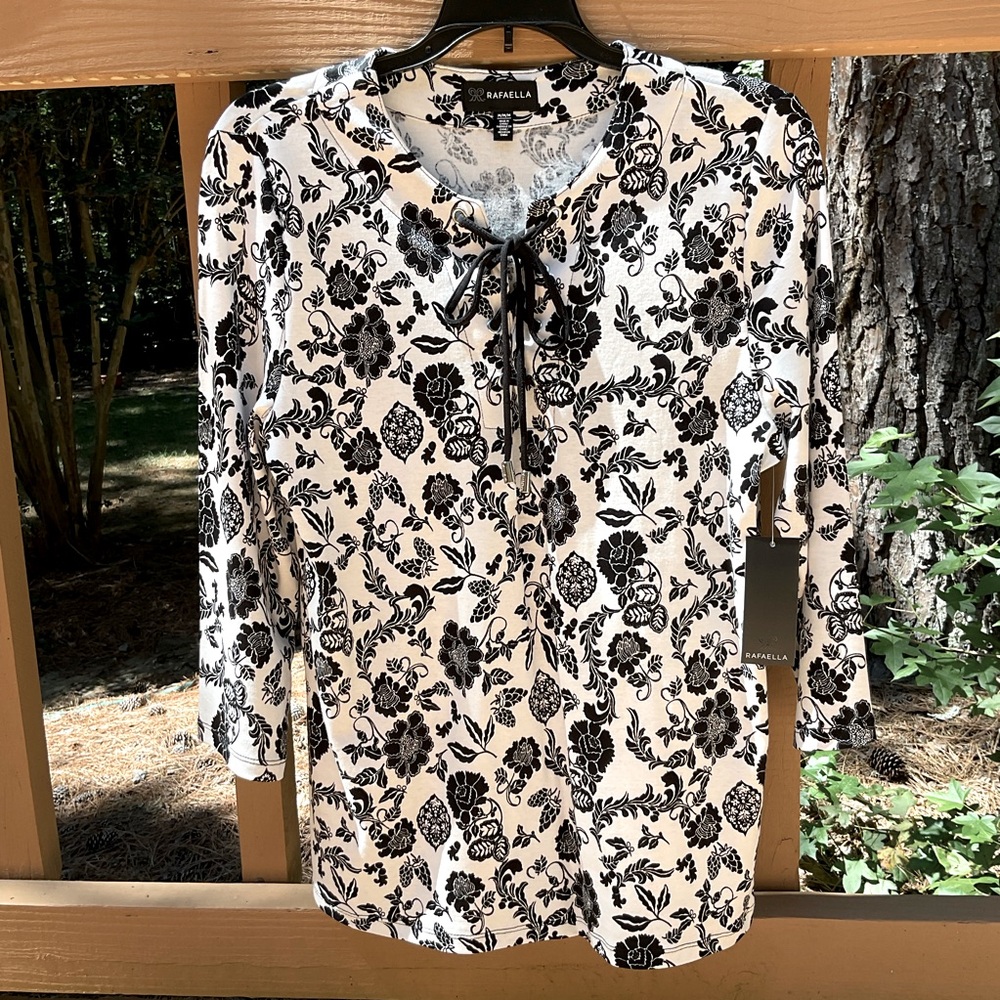 NWT Rafaella 3/4 Sleeve Cotton Black/White Top